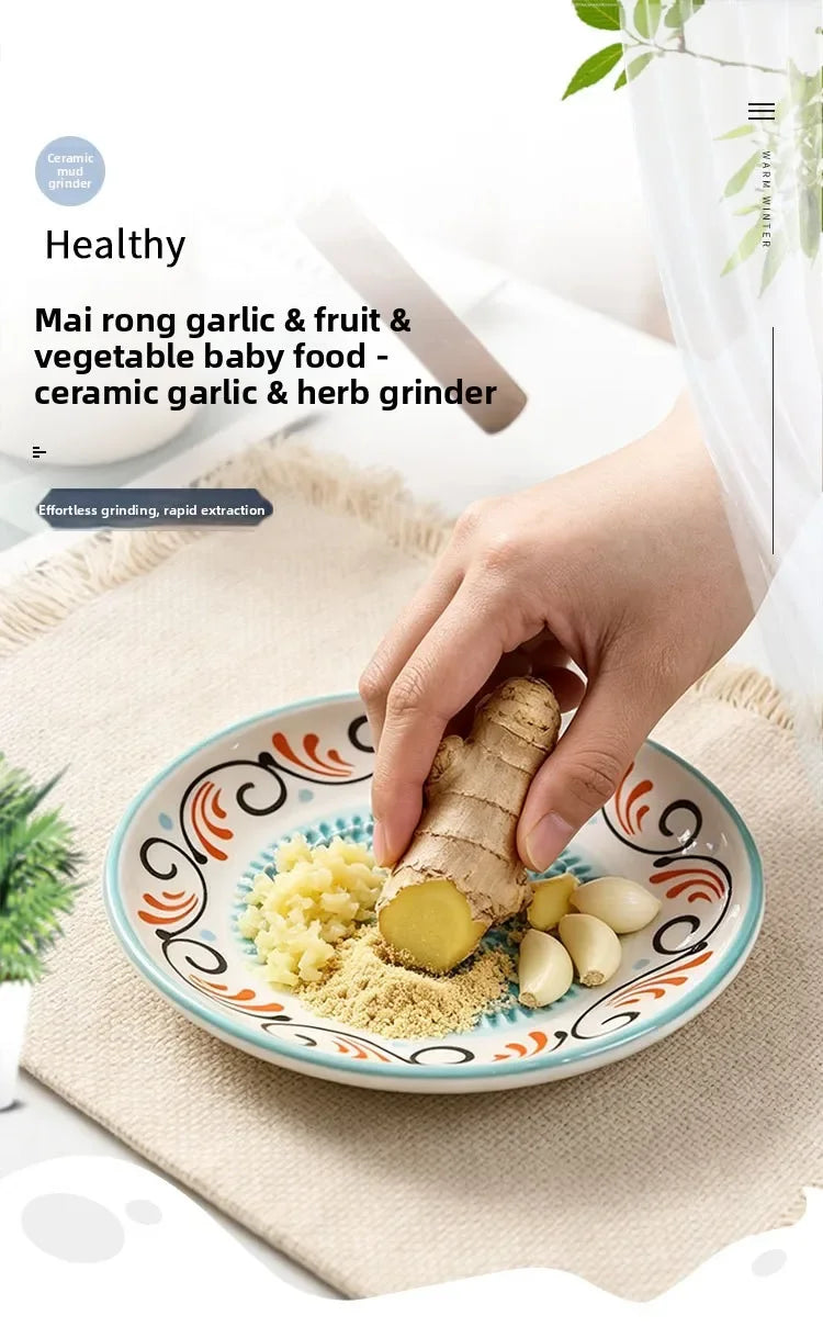 2 in 1 Garlic Ginger Masher Ceramic Round Grater Plate Manual Vegetable Fruit Grinding Tool for Kitchen Cooking Use